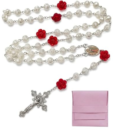 CATZUM Rosenkranz Weiß mit elegantem Rosen-Design & Rosa Geschenkbeutel | Katholische Gebetskette für Frauen & Mädchen, Kommunion, Firmung Geschenke