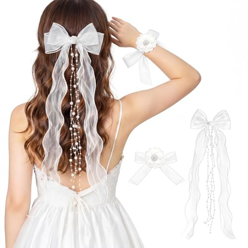 Kommunion Haarschmuck Mädchen, Weiße Schleife mit Organza-Bändern und Perlen, Kopfschmuck Erstkommunion Blumenmädchen, Haarband zur Taufe, Firmung, Konfirmation Hochzeit, Geburtstag, Festtag (Weiß)