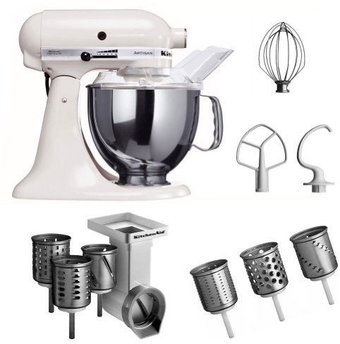 KitchenAid MVSA KSM150PSEWH EMVSC KitchenAid Artisan Cibo 5KSM150PSEWH Processor con accessori affettatrice/set cilindro grattugia di tre cilindri (Bianco) (Import Germania)