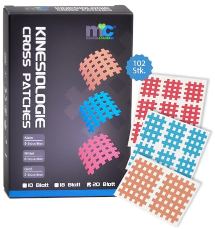 Medicalcorner24® Kinesiologie Gittertape 102 Stück, Cross-Patches, Cross Tape, Gitterpflaster, Akupunktur-Pflaster, in versch. Größen und Farben, Beige, Blau, Pink