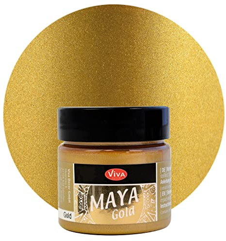 Viva Decor Maya Gold 45ml (Gold) - Metallic-Acrylfarbe für kreative Werke auf Holz, Glas und Porzellan. Stoßfest, wischfest und wetterfest für glänzende Metall- / Metallic Effekte