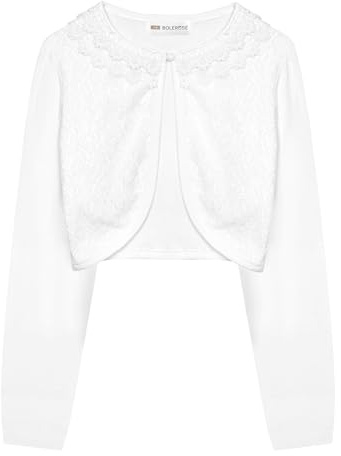 Bolerose Ragazze Manica Lunga Floreale Pizzo Bolero Bambini Cardigan (Bianco, 7-8 Anni)
