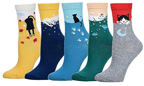 Rokmym Damstrumpor bomull 5 par söta roliga färgglada strumpor damer termiska strumpor andas mjuka bomullsstrumpor sneakers strumpor korta strumpor sportstrumpor kvinnor flickor strumpor, 5 katter