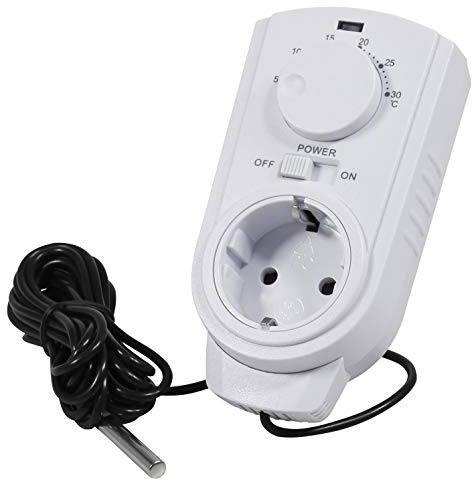 Analoges Steckdosen Thermostat 230V mit externem Fühler und langem Kabel, Zur Steuerung für Heiz und Kühlgeräte, +5°C-30°C einstellbar,