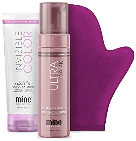 MineTan Forever Bronze-Selbstbräuner-Set, makellos, streifenfreie Ergebnisse in nur einer Stunde, ultradunkler Selbstbräunungs-Mousse, Bräunungslotion und Selbstbräunungs-Applikator-Handschuh