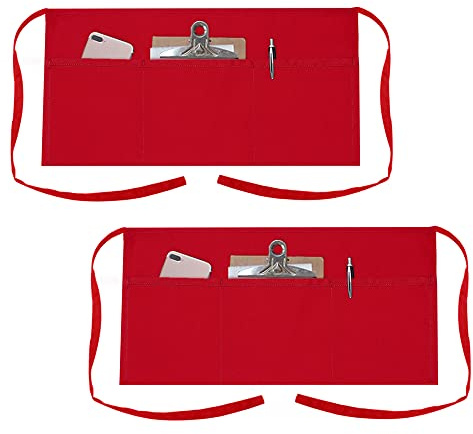 TopTie 2-pack 3 fickor servitris midjeförkläde, restaurang halvförkläden, polyester bomull, 61 cm B x 30 cm H – röd
