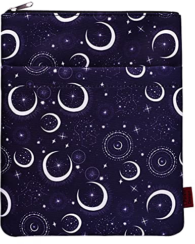 Buchhülle mit Mond- und Sternemotiv, Buchschutz für Taschenbücher, aus waschbarem Stoff, Buchetui mit Reißverschluss, Größe M, 28 x 22,1 cm