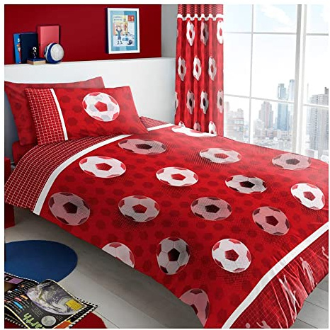 Lions Red Football Goal Single Duvet Cover with Matching Pillowcase, 2 Piece Soccer Boys Bedding Set, Poly Cotton Ultra Soft Quilt Covers, Button Closure, 137x200cm