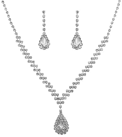 Wedity Hochzeitskristall-Halsketten- und Ohrring-Set, silberfarben, Braut-Choker-Halsketten, Anhänger, Hochzeitsschmuck für Damen und Mädchen, Messing Metall Edelstein Silber, Strass