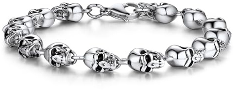 Bandmax Calaveras Pulsera de Hombre 21cm Largo con 2cm Alargador, Brazalete Esqueletos Cabezas de Craneo Joyeria Halloween