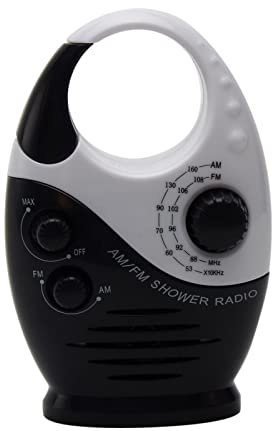 Radios de ducha, radio AM/FM mini impermeable con mango superior, radio de baño colgante, altavoz integrado y volumen ajustable para baño, uso en interiores y exteriores (negro + blanco)