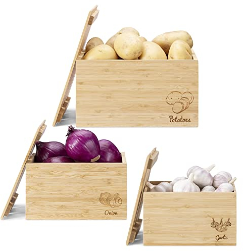 Navaris 3x Behälter für Lebensmittel - stapelbare Bambus Kisten - rustikale Vorratsbehälter Aufbewahrung für Kartoffeln Zwiebeln Knoblauch - 3er Set