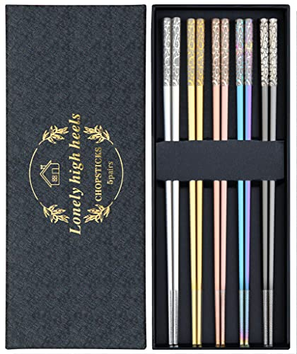 Essstäbchen Titan 5 Paar Essstäbchen Spülmaschinenfest Stäbchen zum Essen Stäbchen Wiederverwendbare Essstäbchen Edelstahl Essstäbchen Metall Geschenkset für Zuhause Restaurant Camping (Bunt)