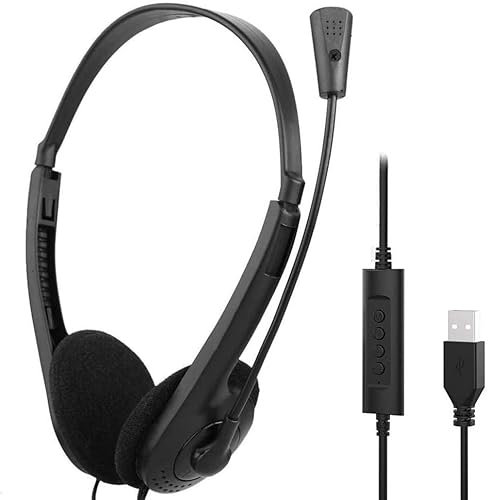 OrcoW USB Headsets with Microphone Noise Cancelling Mic & Audio Controls,PC Headsets Adjustable Headband Earphone Wired Stereo Computer Headphone for Call Center/Office/Online Course/Conference Calls