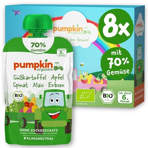 Pumpkin Organics Bio Gemüse-Quetschies 8er Pack Karotte, Spinat, Birne, Erbsen, Trockenpflaume ohne Zuckerzusatz¹ - ab dem 6. Monat - als Snack oder Beikost für unterwegs - glutenfrei (100g)
