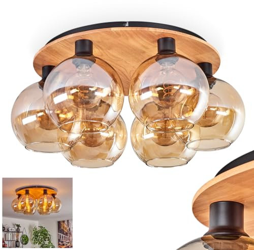 HOFSTEIN Deckenleuchte Koyoto, Deckenlampe aus Metall/Holz/Glas in Schwarz/Natur/Bernstein, Leuchte im Retro/Vintage-Design (Ø Schirme 20 cm), 6 x E27, Schlafzimmer, Wohnzimmer, Küche, Esszimmer