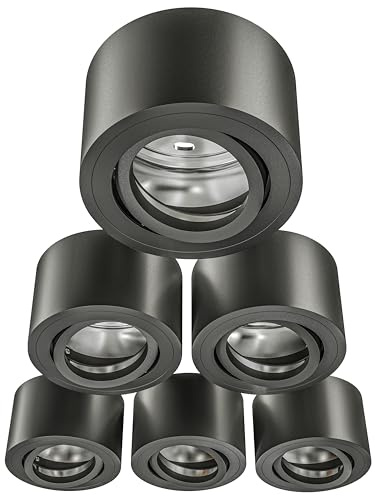 MATO 6x Aufbauspot schwarz - extra flach & schwenkbar - Ø80x50mm - Aufputz Spots Decke ohne Leuchtmittel - Deckenspots, Aufbaustrahler, Aufbauleuchte für LED Module mit 50mm