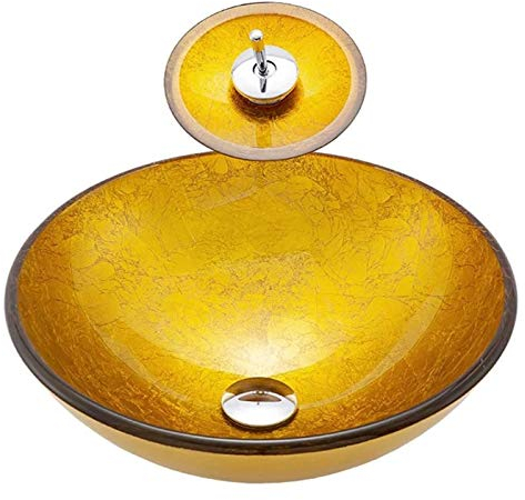 Waschtischunterschrank mit Waschbecken, Badezimmer-Waschtischgefäße, Waschbecken, Aufsatzwaschbecken, goldenes, faltiges Foliengefäß, Waschtisch-Waschbecken aus gehärtetem Glas übe