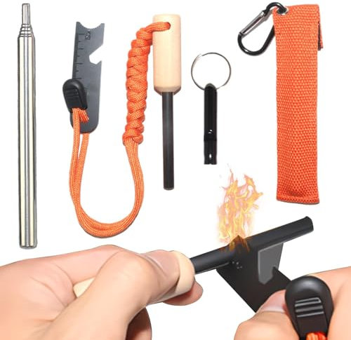 LearnLyrics Survival Werkzeug Set Wandern Werkzeug Set | 5 Stück Survival Pfeife Karabiner Feueranzünder Schlüsselanhänger - Camping