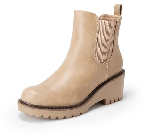 DREAM PAIRS Dam kil Chelsea ankelstövlar mode rund tå låg kilklack plattform tossor skor, Naken nubuck, 39 EU