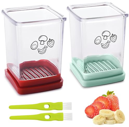 2 Pcs Cup Slicer, Stainless Steel Strawberry Slicer Egg Slicer Banana Slicer Fruit Slicer, Speed Fruit Cutter with Push Plate, Quickly Making Fruit Vegetable Salad, Must Have Kitchen Gadget (Cyan+Red)