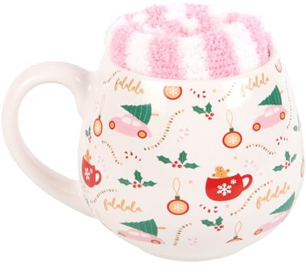 Something Different Wholesale Sugarplum - Juego de taza y calcetines con estampado navideño, ideal para los amantes del café y el té, incluye taza de cerámica festiva y calcetines cálidos y suaves,