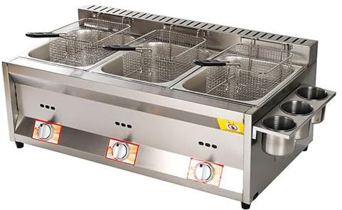 Friteuse à gaz commerciale en acier inoxydable avec 3 paniers, couvercle de paniers amovibles, chauffage rapide, température réglable pour cuisine, restaurant, snack-bar