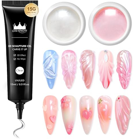 BISHENGYF 3d Gel Nail Art Mit Chrome Nail Powder Kit：15g No Wipe Clear 3d Nail Gel，Moonlight Effect Glazed Donut Cromepulver NäGel For 5d Molding Nail Art Design Decoration(Pink)
