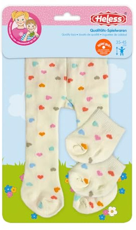 Heless 577 - Puppen-Strumpfhose mit Söckchen ''Herz Konfetti'', in Beige und bunten Herzen, für Puppen und Kuscheltiere der Größe 35-45 cm