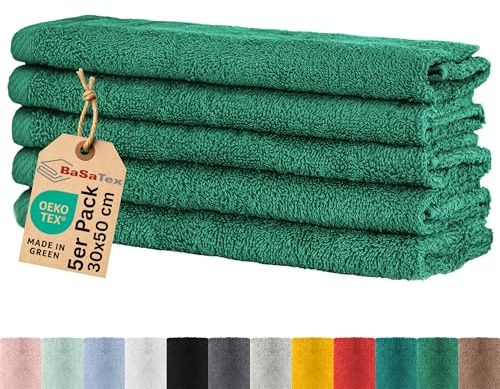BaSaTex Toalla de invitados de rizo, 5 unidades, 30 x 50 cm, color esmeralda | 100 % algodón de rizo, certificado Öko-Tex, fabricado en verde, lazo para colgar, 400 g/m², absorbente y duradero