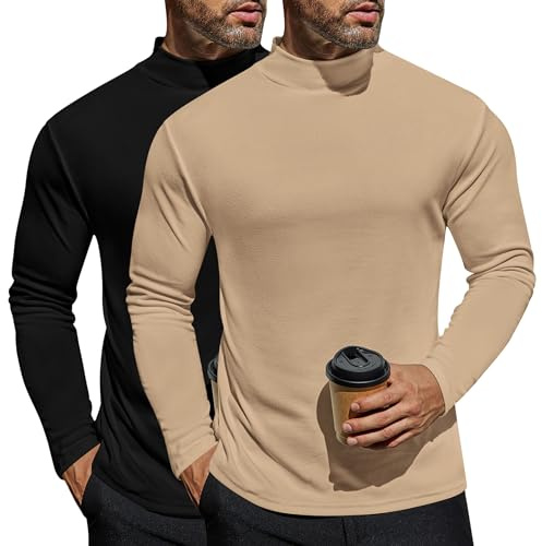 Ekouaer 2-pack långärmad skjorta för män, termounderkläder, termotopp, långärmad termoskjorta, varm med innerfleece, S-3XL, Svart kaki, M