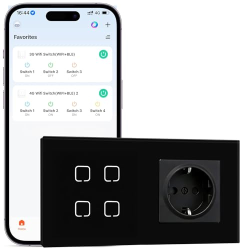BSEEDLIFE Enchufe con Interruptor Inteligente WiFi Empotrado,Smart Interruptor con Enchufe Táctil Pared,4 Gang 1 Vía 86 * 86 mm,Compatible con Alexa y Google Home (Aplicación Tuya/Smart Life),Negro
