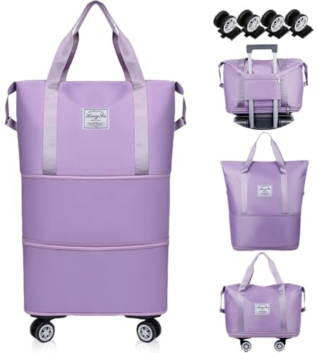 Duscdesp Faltbare Reisetasche mit Rollen,Sporttasche Damen Männlich,Handgepäck Tasche mit Griffhülle,Große Reisetaschen,Wasserdicht Kliniktasche Geburt,Abnehmbare Travel Bag (Violett)