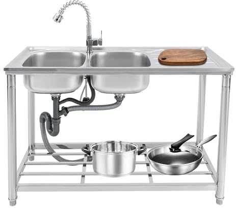Lavello per esterni, 120 x 50 x 80 cm, 201, in acciaio inox, per esterni, autoportante, con rubinetto estraibile da 50 cm, capacità di carico 100 kg, scarico a forma di U
