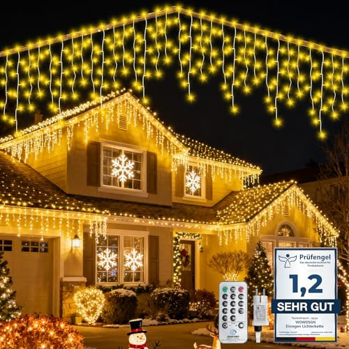 WOWDSGN [430 LED] Eisregen Lichterkette Außen/Innen, 14M Weihnachtsbeleuchtung mit Timer | 8 Modi | IP44 Wasserdicht | Strombetrieben, Eiszapfen Lichterkette für Dachkante Dachrinne Terrasse