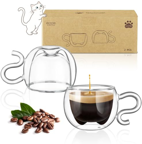 ecooe 130ml Süße Katze Doppelwandige Espressotassen 2er-Set, Katzentasse Geburtstagsgeschenk Geschenke für Frauen, Männer, Mama, Kinder, Kaffeeglas Teegläser für Espresso,Tee,Macchiato,latte,Milch