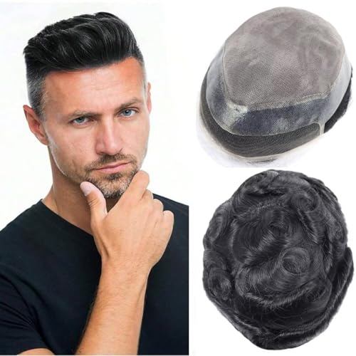 HAPPY&CC Monofilament Toupee Hair for Men European Virgin Human Hair HD Swiss Lace Front Mens Hairpiece Hair Replacement System with Pu around Men's Toupee 7x9 Inch Jet Black #1