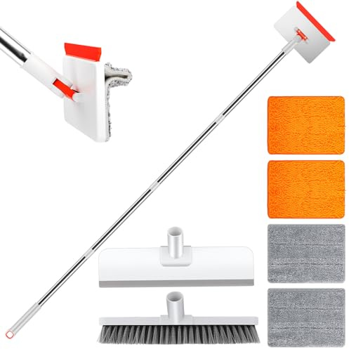 Limpia Zócalos y Paredes con Mopa Extensible 147cm Incluye Racleta y 4 Almohadillas para Suelos, Azulejos, Ventanas y Techos Mopas de Limpieza Reutilizables Mopa para Limpiar Azulejos y Paredes