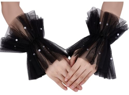 NBEADS 1 paio di Guanti Corti Senza Dita In Pizzo, Guanti Da Sposa In Tulle di Perle Nere Da 210x80x10mm Guanti Da Sposa per Donna, Accessori per Costumi Da Festa di Halloween