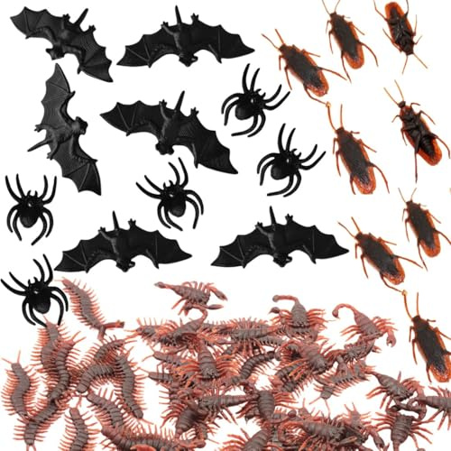 KUMSODE 50 juguetes de plástico realistas, accesorios de broma de Halloween, arañas, murciélagos, cucarachas, ciempiés, escorpiones, divertidos para niños y adultos, decoración para fiestas navideñas.
