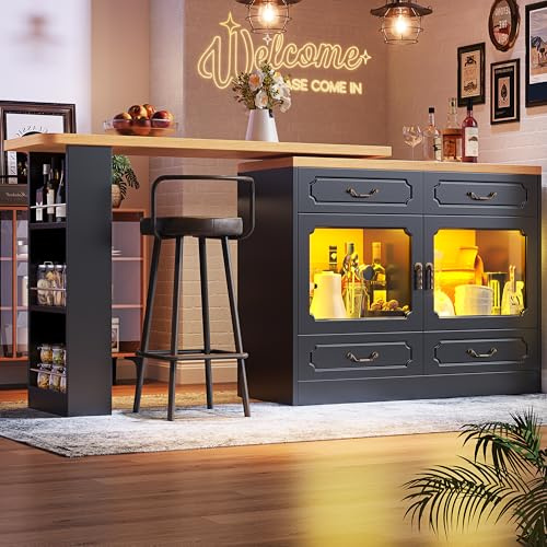 Ligterra Tavolo da bar allungabile con spazio di archiviazione, tavolo alto da cucina, bancone girevole a 360°, 4 cassetti, mensola snack con LED, per soggiorno, sala da pranzo, 135-203 x 39 x 92,9 cm