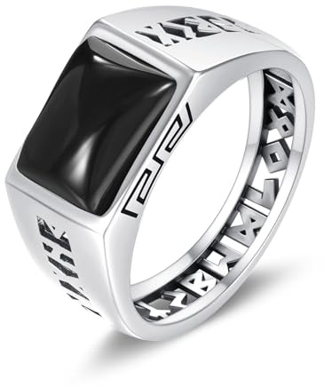 YFN Herren Viking Ring aus S925 Sterling Silber mit schwarzem Onyx - Mittelalterlicher Wikinger-Krieger Ring - Robustes Schmuckstück für Männer