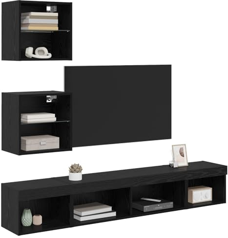 vidaXL Unités murales TV avec LED 5 pcs Chêne Noir Bois d'ingénierie, Meuble TV rectangulaire Moderne, Gain de Place, Console avec éclairage LED et étagères en Verre