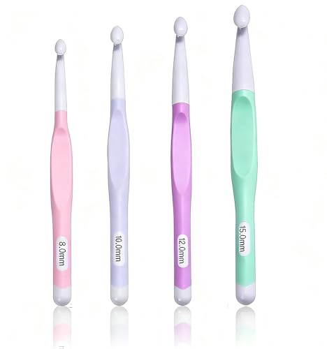 4 Pcs Large Crochet Hooks Set,Non-Slip Extended Soft Handle Crochet Hook with Thick Yarn, 8/10/12/15mm with Ergonomic Handle Weaving Tools for Beginners Knitting Blankets Shawl and Carpet (Multicolor)