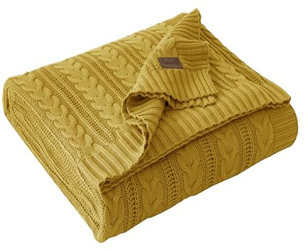 Talasily Strickdecke 150x200cm 100% Baumwolle Oeko-TEX, leichte Ganzjahresdecke Zopfmuster, atmungsaktiv weich für Frühling Sommer Herbst, Tagesdecke für Bett & Sofa, Wohnaccessoire Gelb