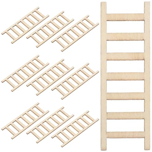 Hohopeti 10pcs Miniature Wooden Ladder Set for Dollhouse Furniture DIY Micro Landscape Scene, Natural Wood Step Ladder for Craft, Decorative Fairy Garden Accessory