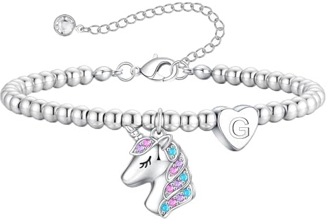 Turandoss Einhorn Armband für Mädchen - 14K Weißgold Vergoldet Silber Herz Perlenarmband mit Buchstaben für Mädchen Kinderschmuck, Einschulung Geschenk Einhorn Geschenke für Tochter Enkelin