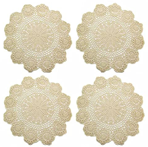 kilofly Handmade Crochet Round Cotton Lace Table Placemats Doilies Value Pack [Set of 4], Lotus, Beige