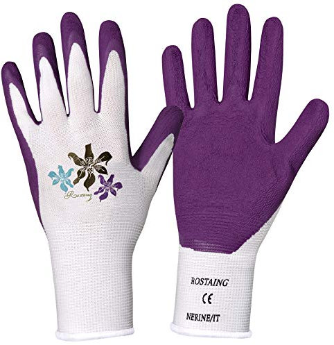 Gants de Protection ROSTAING NERINE Multi-Usages en Latex - Ideaux pour Travaux de Bricolage et Jardinage en Milieu Humide - Gants de Plantation Violet et Blanc