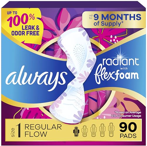 Always Radiant Feminine Pads for Women, Flexfoam Pads with Wings, Size 1, Regular Absorbency, Lightly Scented, 90 Count (3 Packs of 30)